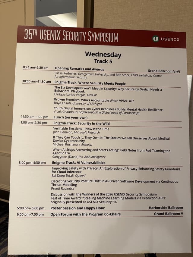 USENIX Security 2026 Enigma Track schedule listing Vivek Chaudhuri's talk